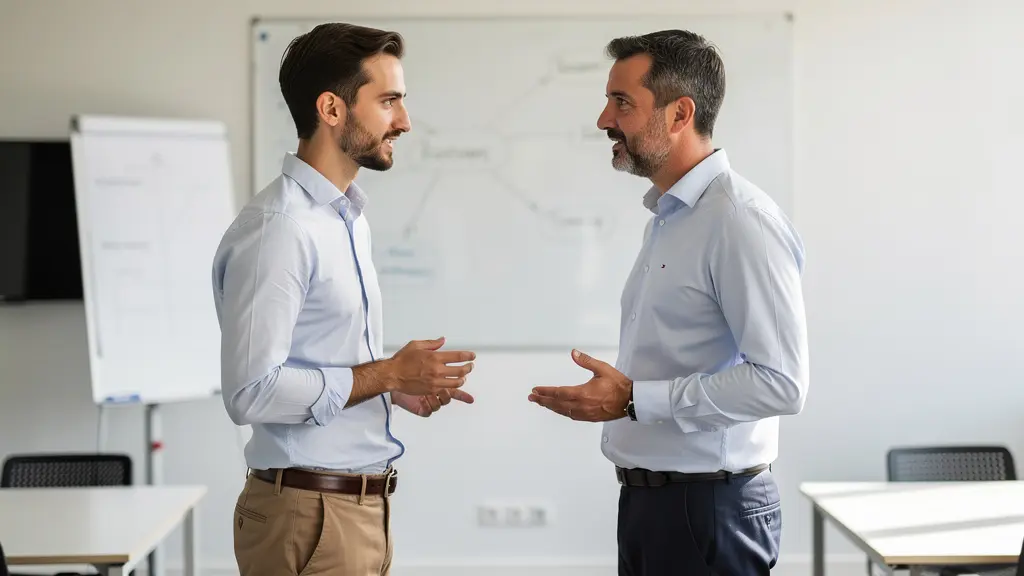 Deux professionnels en discussion devant un tableau blanc dans une salle de formation