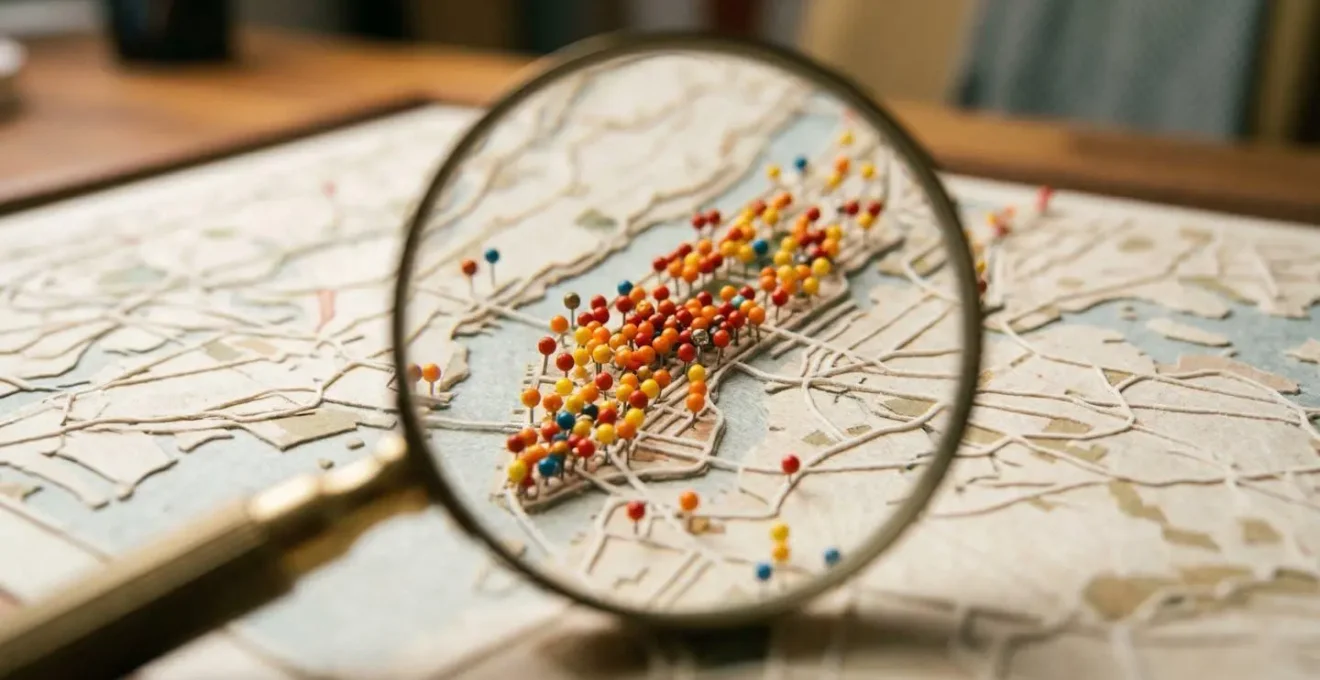 Vue macro d'une loupe grossissant une carte urbaine avec des épingles colorées représentant la densité de professionnels