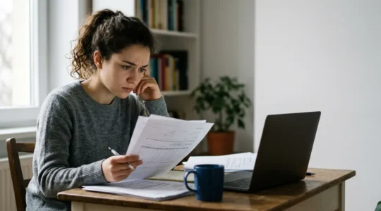 Étudiant face à des documents administratifs et un ordinateur dans un logement