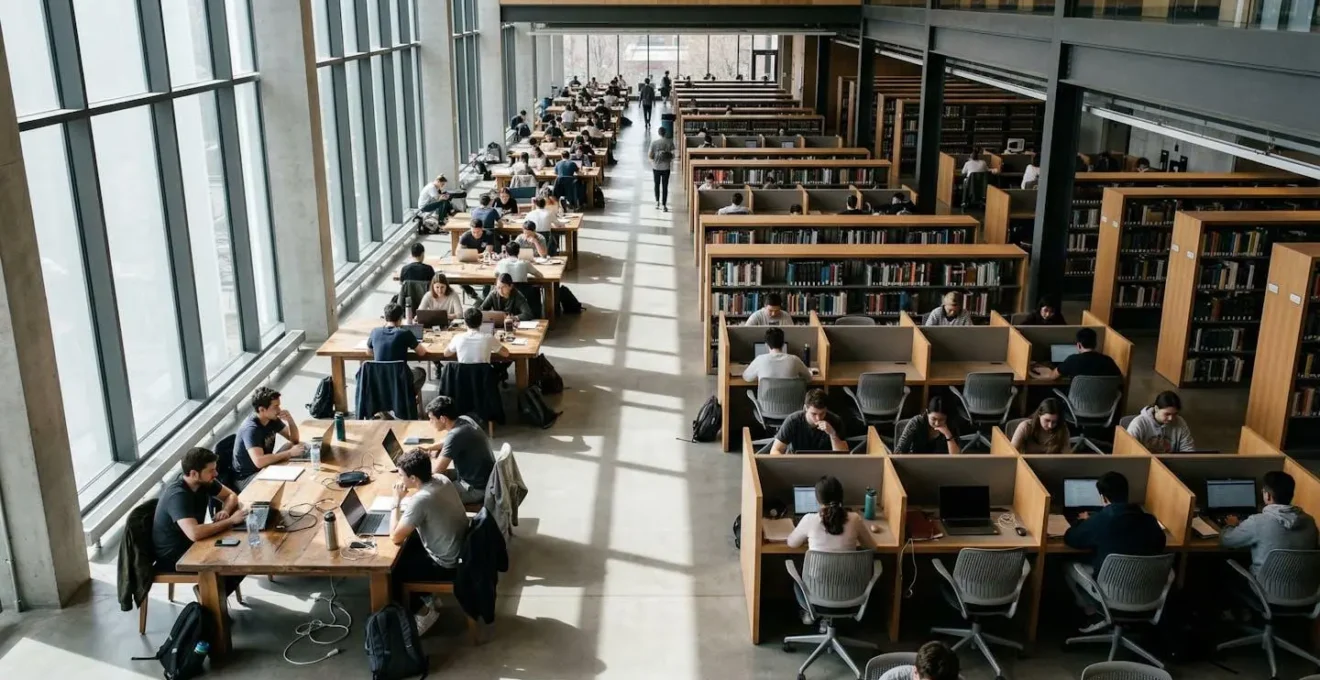Vue d'ensemble d'une bibliothèque universitaire avec des étudiants travaillant en groupe et individuellement, montrant l'organisation réelle de l'espace.