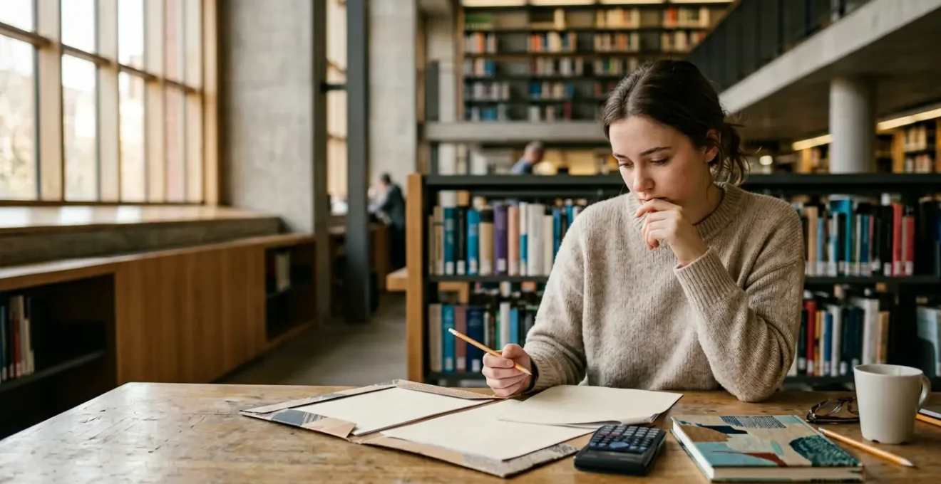Étudiant analysant des documents de mutuelle avec calculatrice dans un environnement studieux