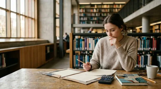 Étudiant analysant des documents de mutuelle avec calculatrice dans un environnement studieux