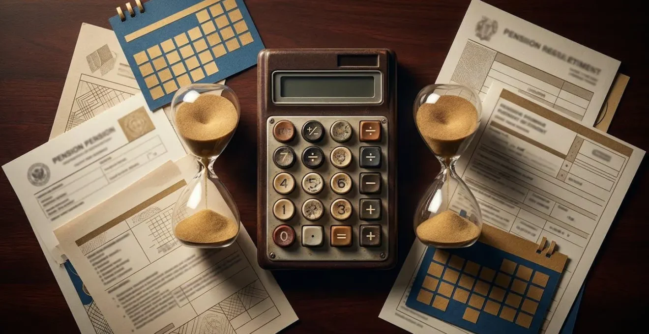 Calculatrice et documents de retraite sur bureau avec calendrier, symbolisant le calcul des trimestres de retraite grâce à la gratification de stage.