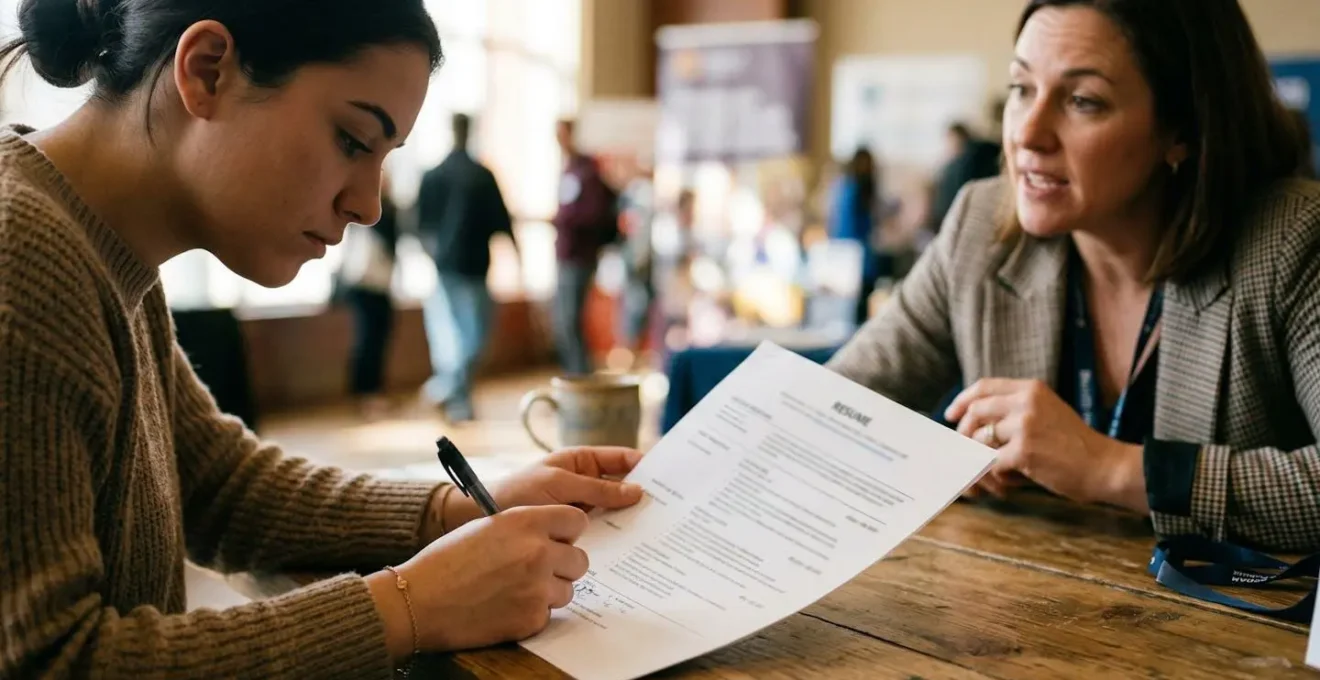 Candidat annotant son CV au stylo devant un recruteur lors d'un échange sur un forum emploi