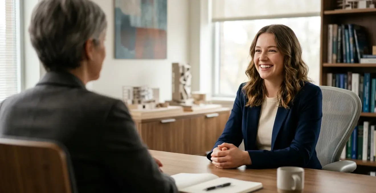 Candidat en entretien d'admission face à un jury dans un bureau d'école avec documentation et diplômes en arrière-plan