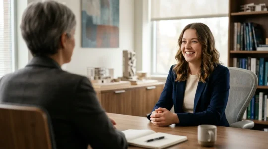 Candidat en entretien d'admission face à un jury dans un bureau d'école avec documentation et diplômes en arrière-plan