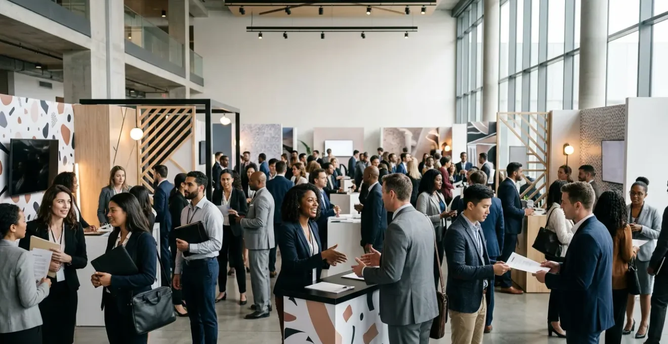 Candidats échangeant avec des recruteurs lors d'un forum de l'emploi, entre stands d'entreprises et networking professionnel