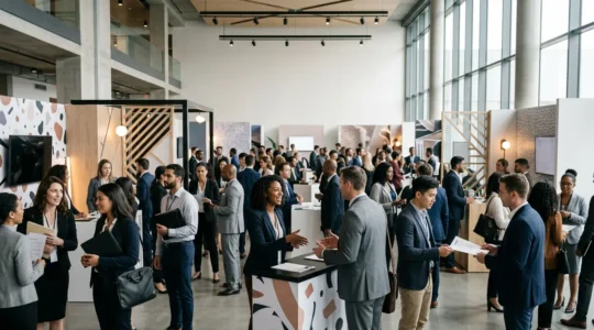 Candidats échangeant avec des recruteurs lors d'un forum de l'emploi, entre stands d'entreprises et networking professionnel
