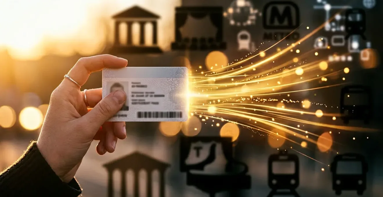 Main tenant une carte étudiante devant un arrière-plan flou montrant des économies potentielles