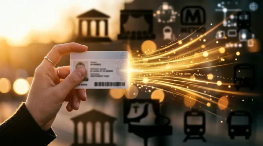 Main tenant une carte étudiante devant un arrière-plan flou montrant des économies potentielles