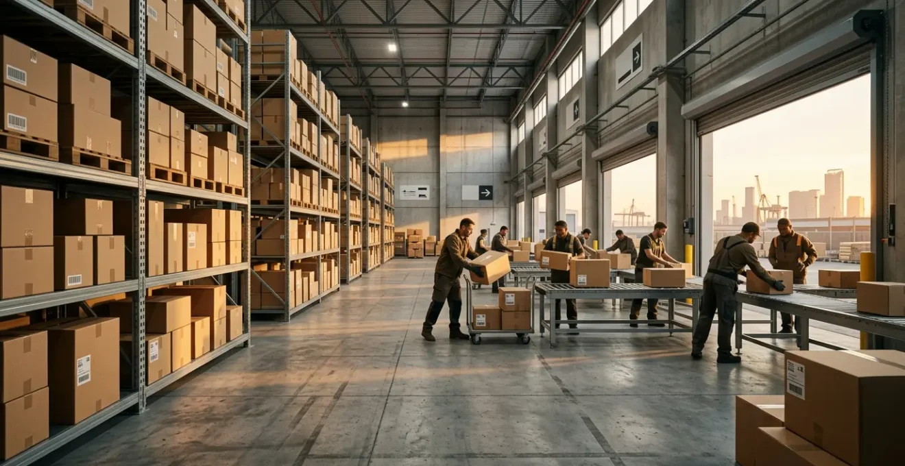 Entrepôt urbain moderne avec livreurs préparant des colis pour la distribution finale, ambiance de fin de journée