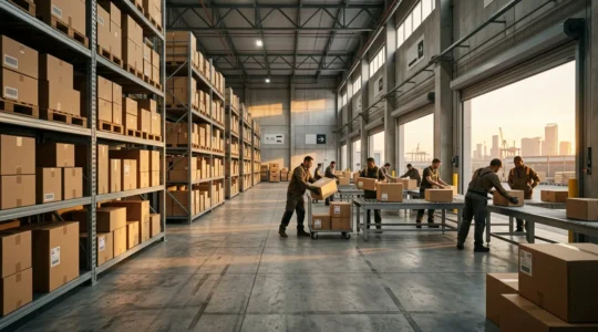 Entrepôt urbain moderne avec livreurs préparant des colis pour la distribution finale, ambiance de fin de journée