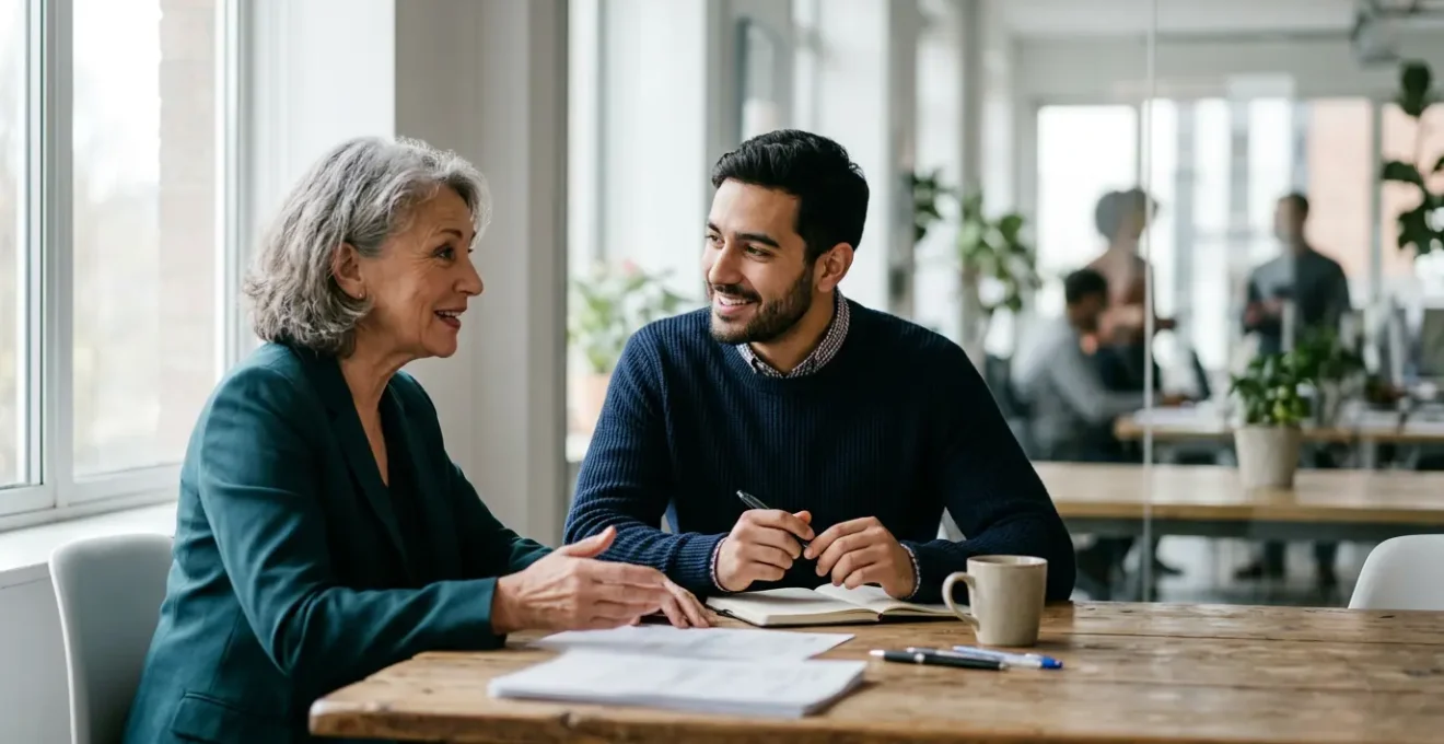 Réunion collaborative entre seniors et jeunes professionnels dans un bureau moderne