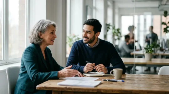 Réunion collaborative entre seniors et jeunes professionnels dans un bureau moderne