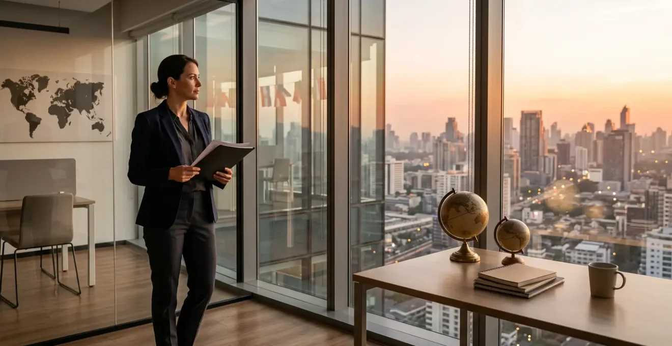 Professionnel analysant des documents de certification dans un bureau moderne avec vue internationale