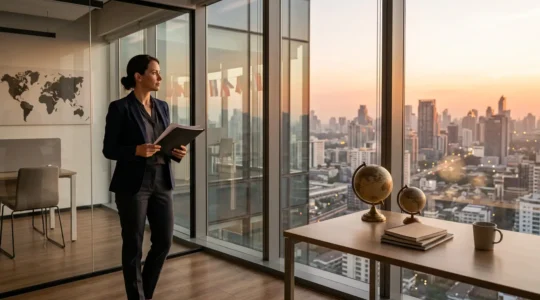 Professionnel analysant des documents de certification dans un bureau moderne avec vue internationale