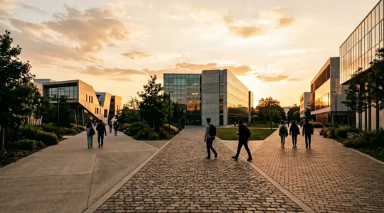 Trois chemins divergents dans un campus universitaire français contemporain représentant les parcours licence, bachelor et BUT