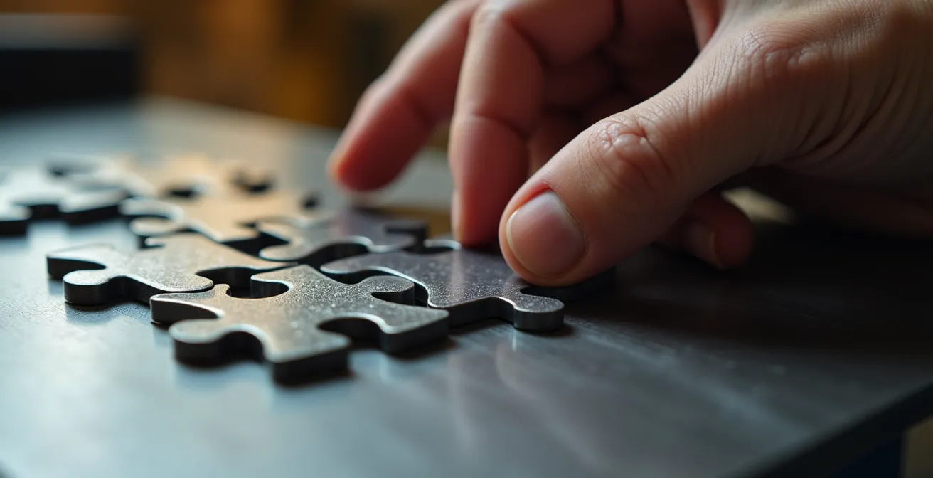 Vue macro de mains assemblant des pièces de puzzle métalliques représentant l'adéquation formation-emploi