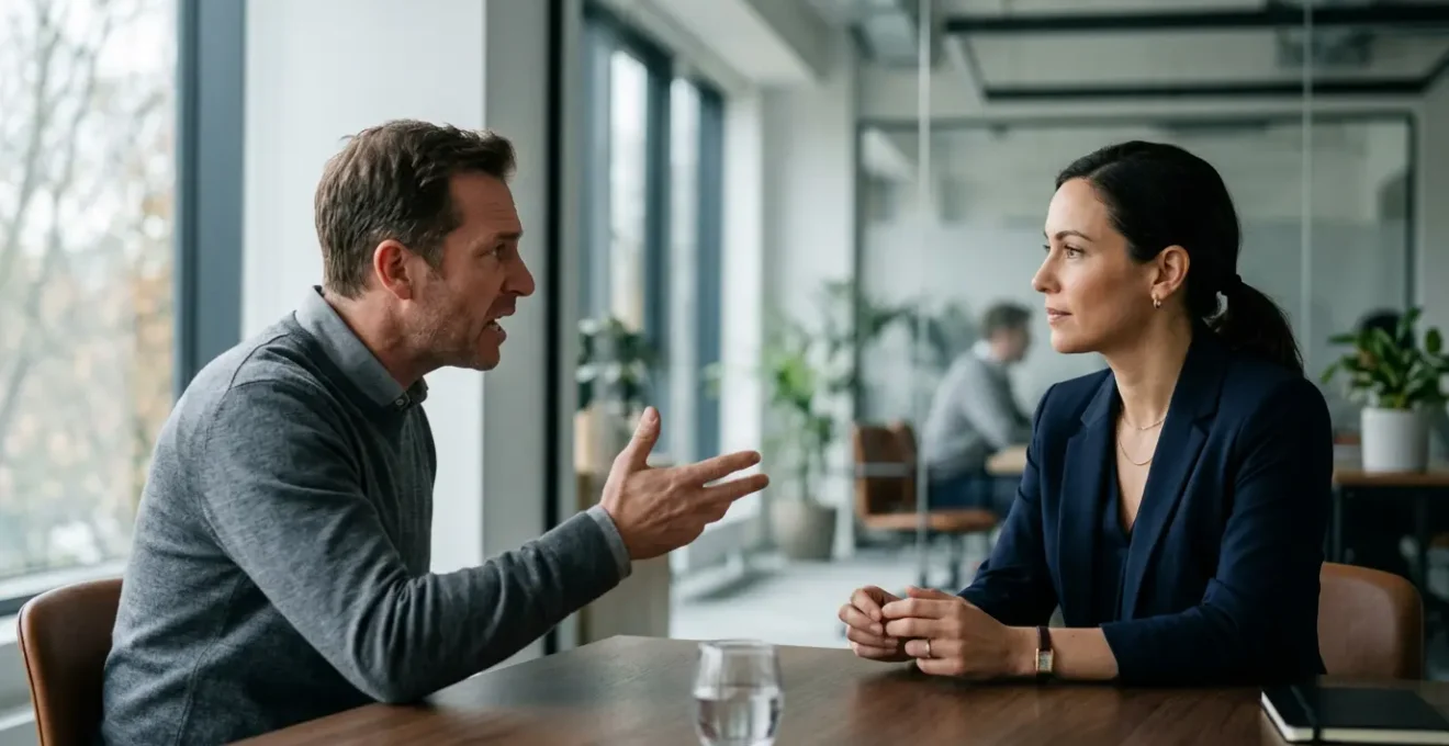 Deux collègues dans un bureau moderne, l'un pratiquant l'écoute active avec une posture ouverte, créant un bouclier émotionnel invisible face à un interlocuteur toxique