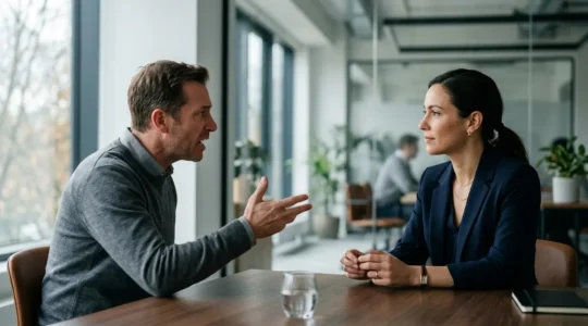Deux collègues dans un bureau moderne, l'un pratiquant l'écoute active avec une posture ouverte, créant un bouclier émotionnel invisible face à un interlocuteur toxique