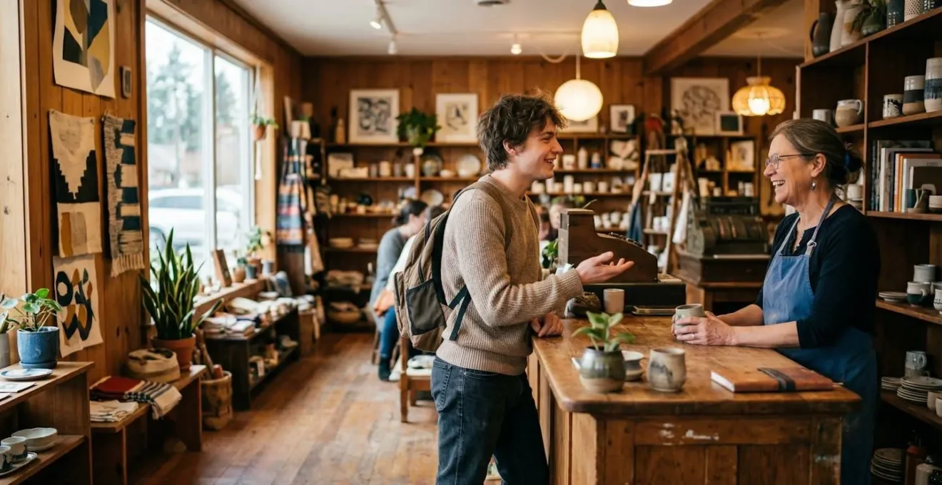 Scène chaleureuse dans un petit commerce avec interaction client-commerçant