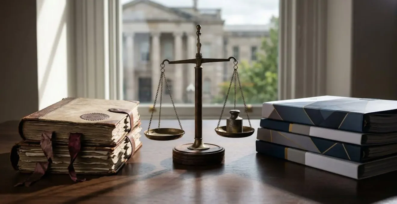 Deux piles de documents d'étude côte à côte sur une table en bois, l'une officielle, l'autre privée.