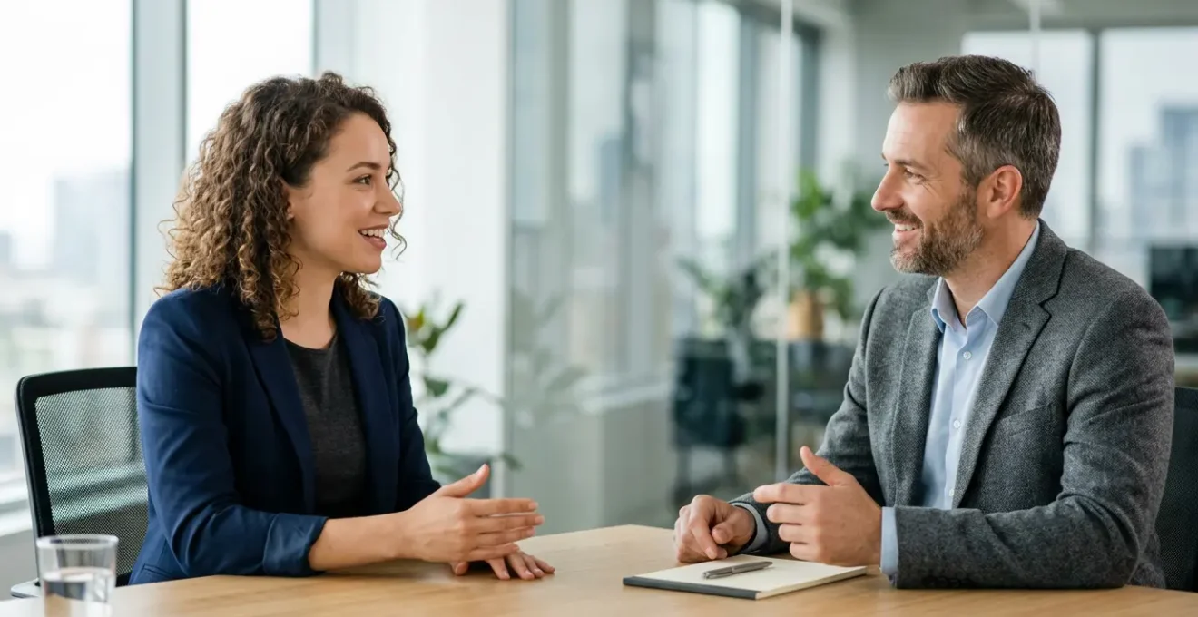 Candidat et recruteur échangeant lors d'un entretien d'embauche dans un environnement professionnel moderne