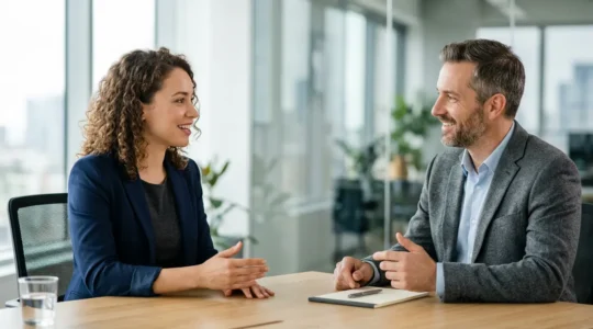 Candidat et recruteur échangeant lors d'un entretien d'embauche dans un environnement professionnel moderne