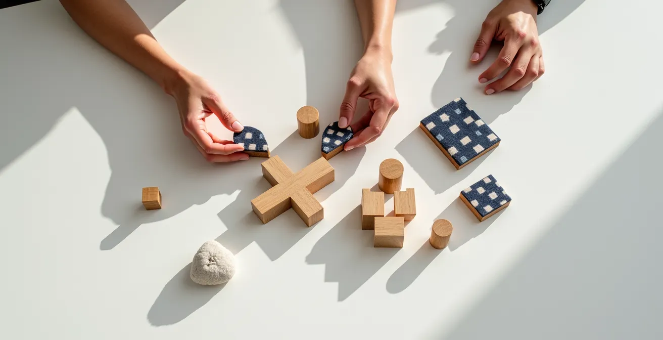 Mains humaines manipulant des objets symboliques, représentant la construction et la recombinaison de compétences transversales face à l'IA.