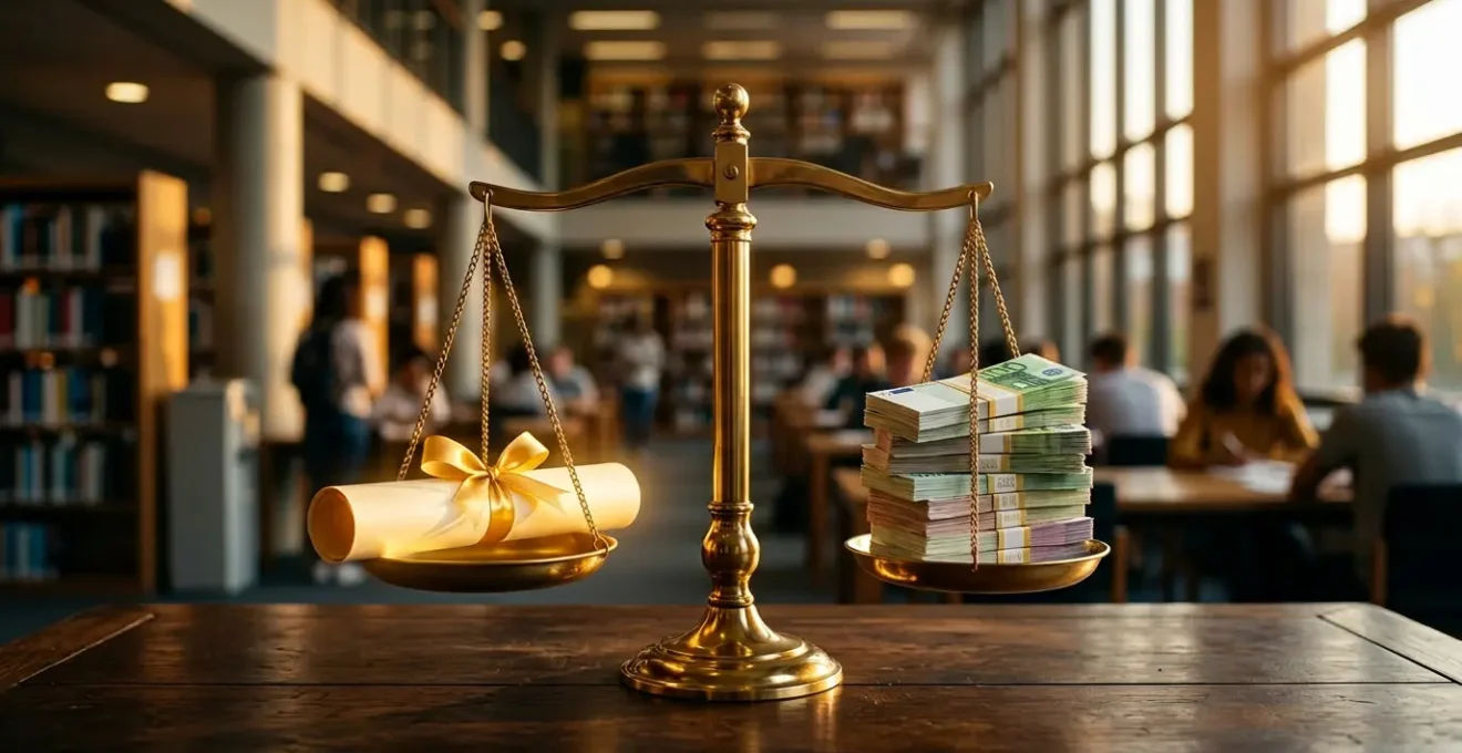 Balance symbolique pesant un diplôme prestigieux contre des liasses de billets, dans un environnement académique moderne