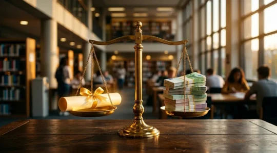 Balance symbolique pesant un diplôme prestigieux contre des liasses de billets, dans un environnement académique moderne