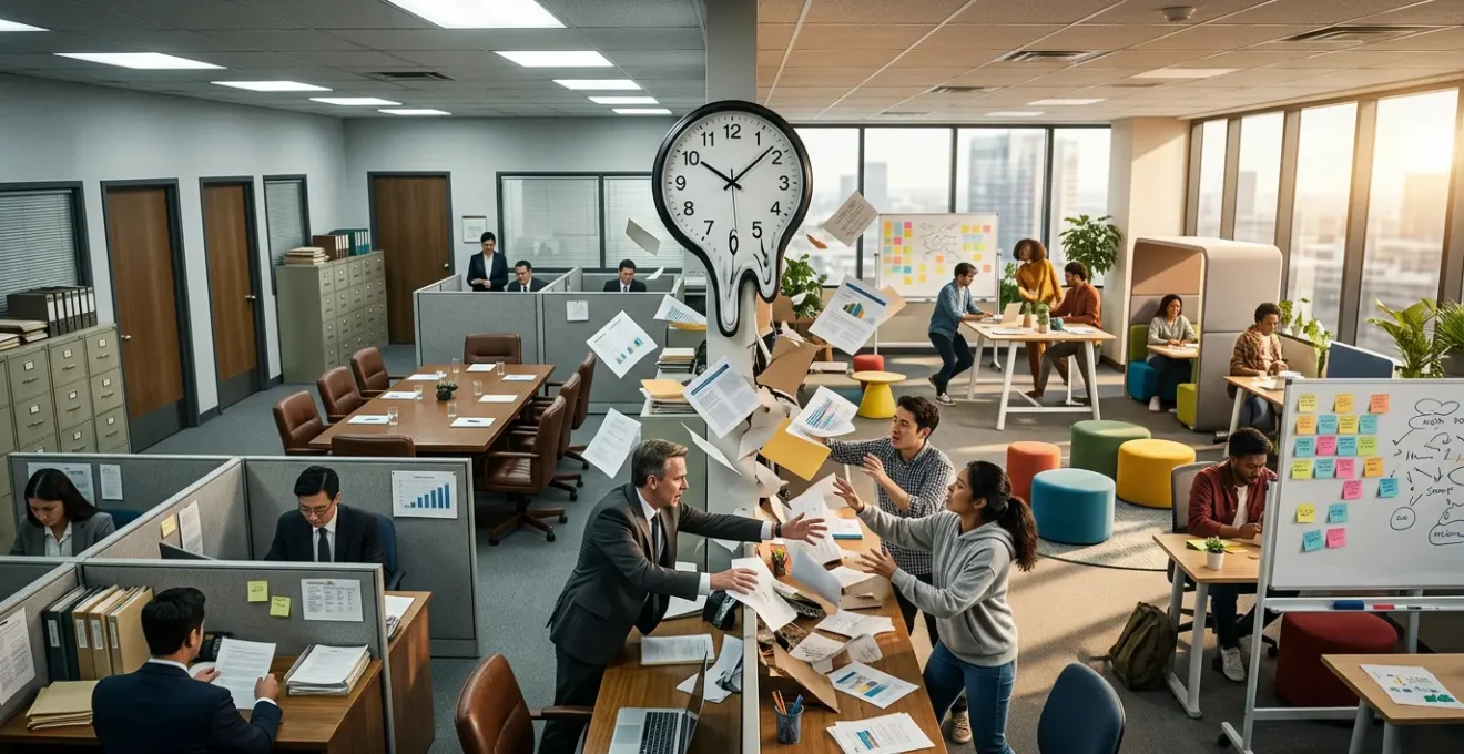 Équipe d'entreprise française confrontée aux défis de la transformation agile dans un environnement de PME traditionnelle