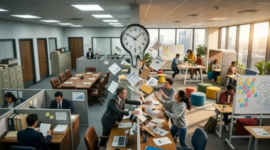 Équipe d'entreprise française confrontée aux défis de la transformation agile dans un environnement de PME traditionnelle