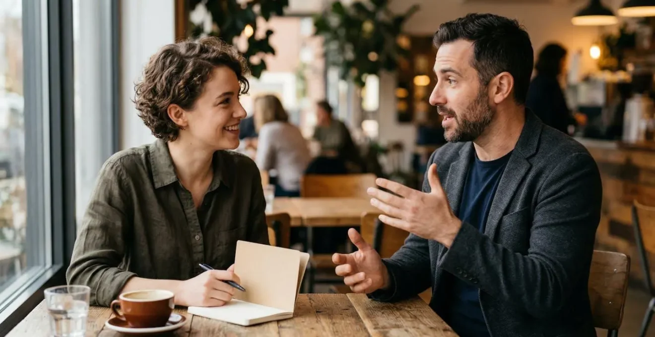 Deux personnes en discussion informelle dans un café, l'une prend des notes discrètement