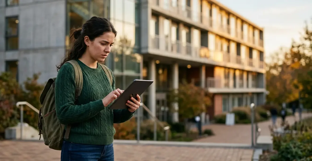 Jeune étudiant consultant une tablette devant une résidence universitaire Crous en arrière-plan flou