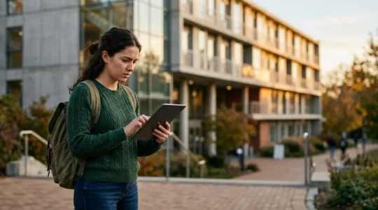 Jeune étudiant consultant une tablette devant une résidence universitaire Crous en arrière-plan flou