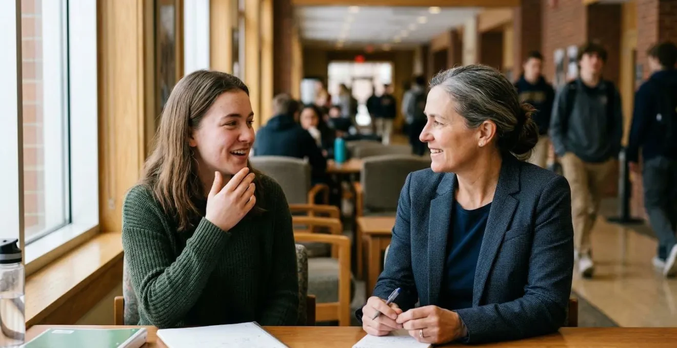 Échange entre un étudiant et un responsable d'école lors d'un salon