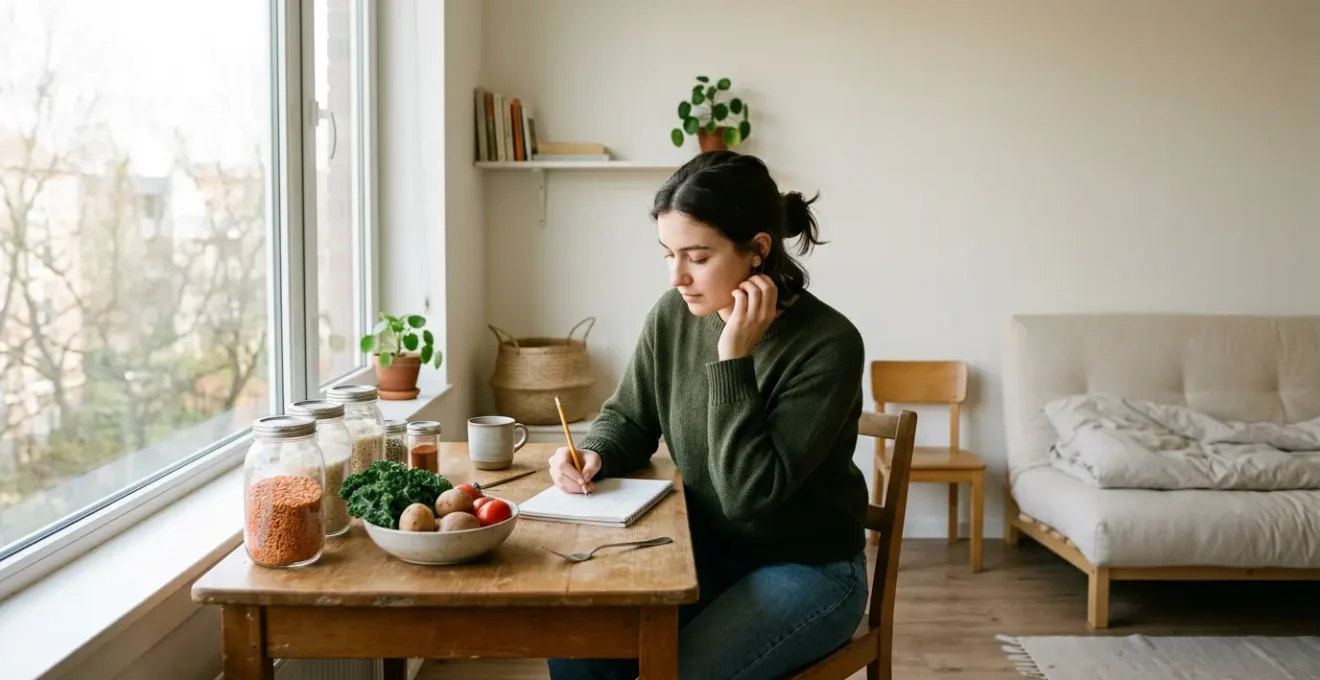Étudiant jonglant avec ses finances dans un appartement modeste