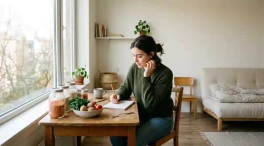Étudiant jonglant avec ses finances dans un appartement modeste
