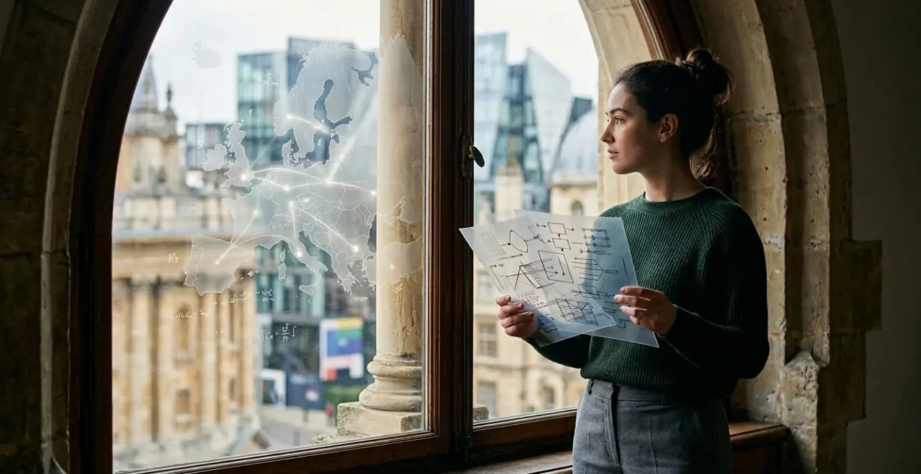 Étudiant international devant carte d'Europe avec symboles universitaires et documents administratifs
