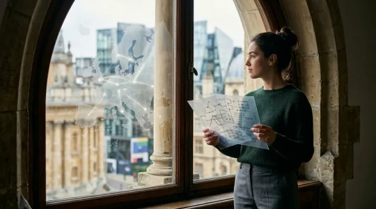 Étudiant international devant carte d'Europe avec symboles universitaires et documents administratifs