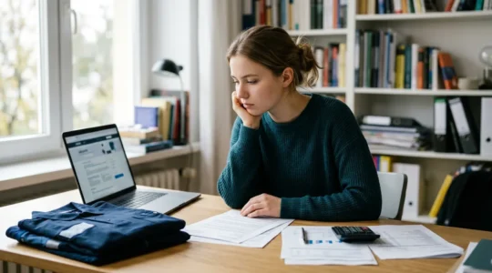 Étudiant réfléchissant aux options de financement de ses études entre job et prêt bancaire