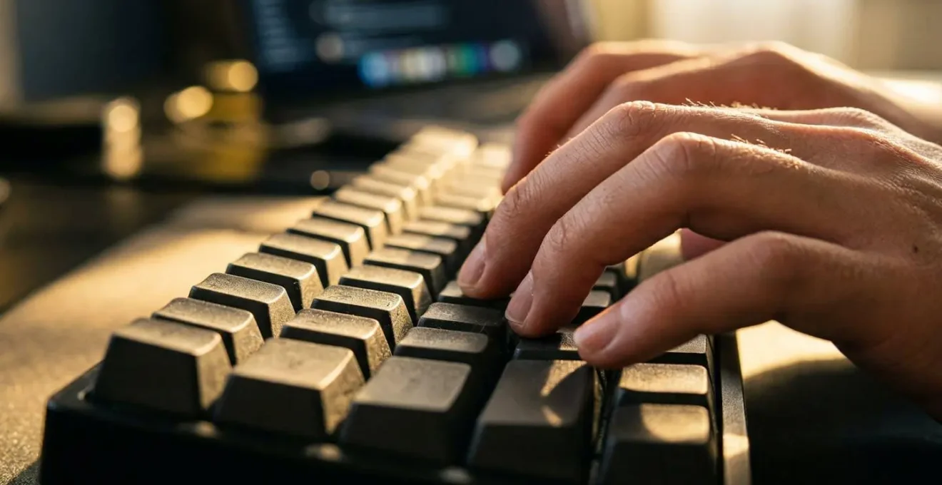 Mains d'étudiant tapant sur un clavier avec lumière dorée suggérant l'accès aux ressources numériques