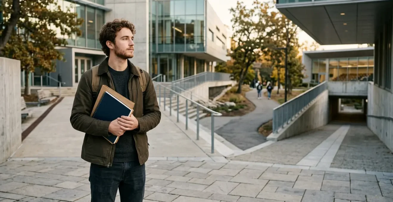 Étudiant réfléchissant face à plusieurs chemins dans un environnement universitaire moderne