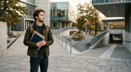 Étudiant réfléchissant face à plusieurs chemins dans un environnement universitaire moderne