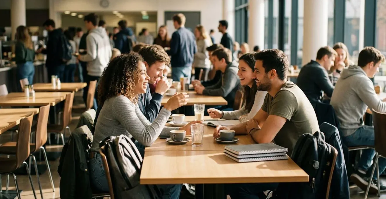 Groupe d'étudiants en discussion animée dans une cafétéria universitaire, illustrant une ambiance sociale et collaborative.
