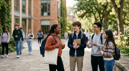 Étudiants échangeant lors d'une visite de campus durant une journée portes ouvertes