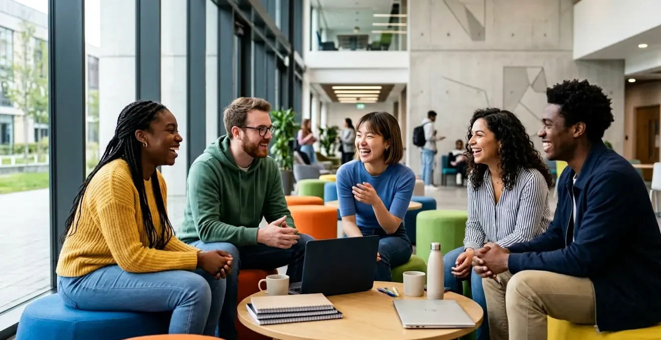 Groupe d'étudiants en première année universitaire dans un espace de vie commune sur le campus