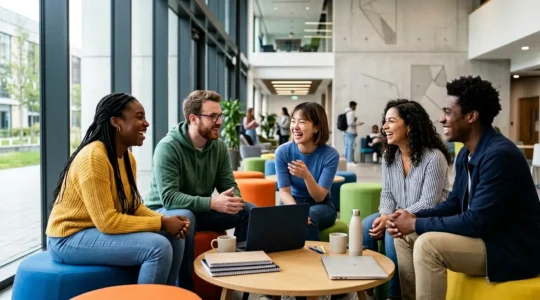 Groupe d'étudiants en première année universitaire dans un espace de vie commune sur le campus