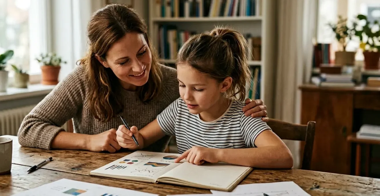 Parent et élève analysant ensemble des fiches de progression avec un cahier d'évaluation